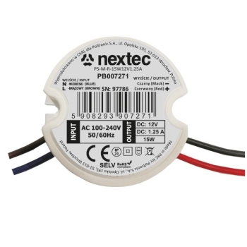 Zasilacz LED montażowy okrągły do puszki IP67 / 15W / 1,25A / 12V / 100-240V NEXTEC